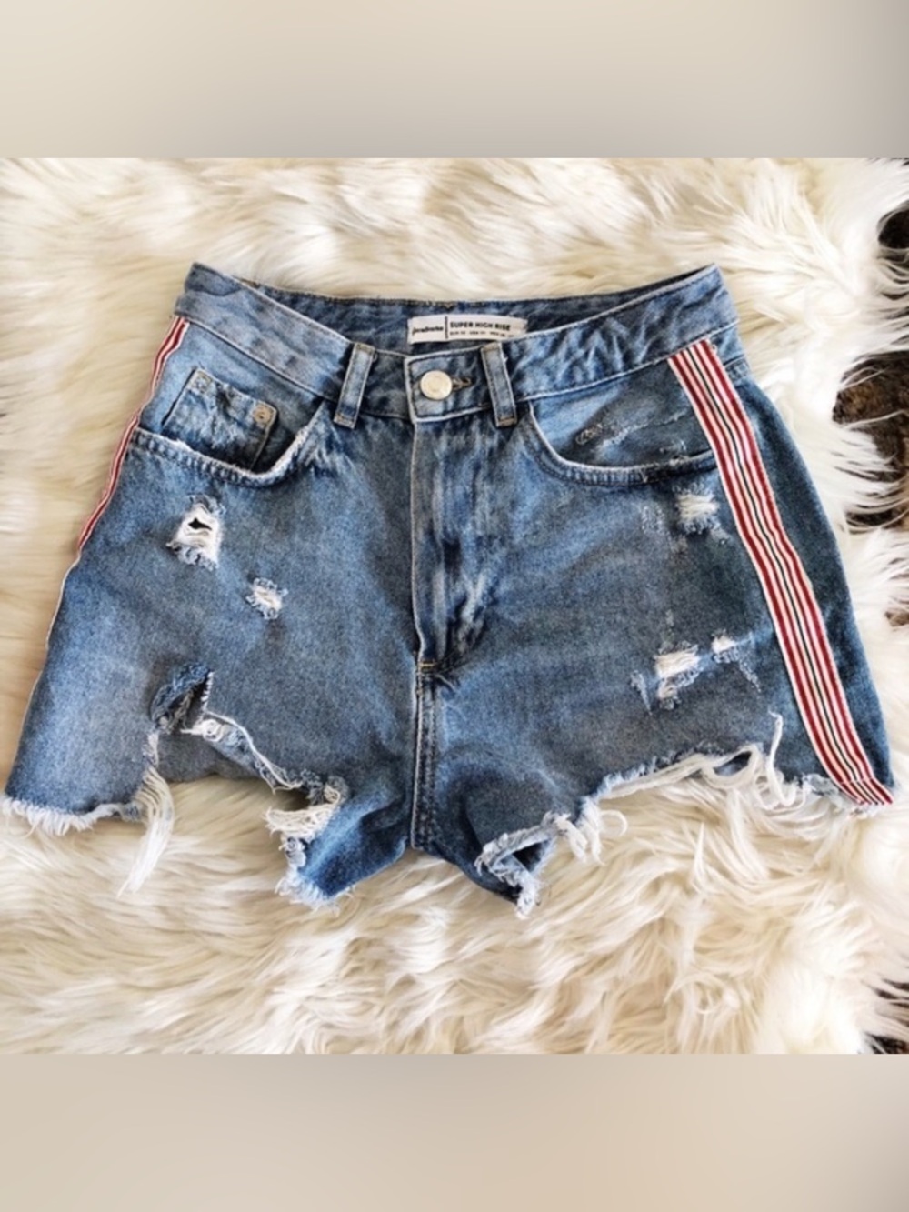 ASOS Retro Stradivarius Side Stripe Distressed High Rise Jean Micro Shorts